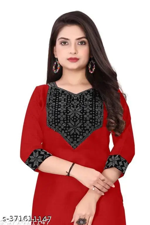 Red embroidered cotton blend kurti for women, three-quarter sleeves, solid design, size XS-5XL, India origin