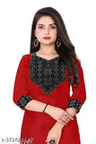 Red embroidered cotton blend kurti for women, three-quarter sleeves, solid design, size XS-5XL, India origin