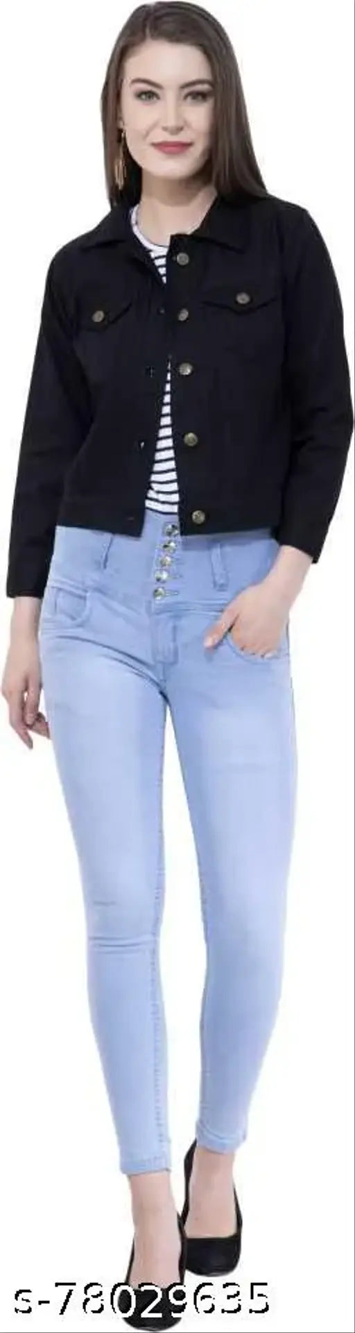 Indian solid denim long sleeve women's jacket, sophisticated look, enhances wardrobe versatility