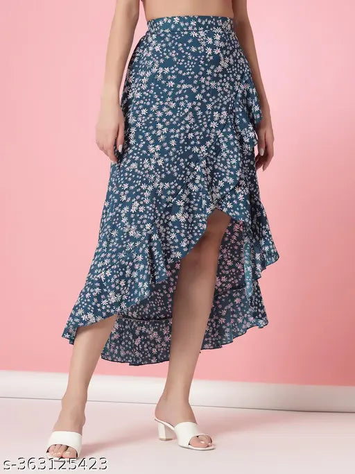 Blue crepe A-line skirt with floral print, ruffles on hem, elastic waist. OOMPH women's skirts from India