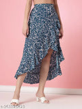 Blue crepe A-line skirt with floral print, ruffles on hem, elastic waist. OOMPH women's skirts from India