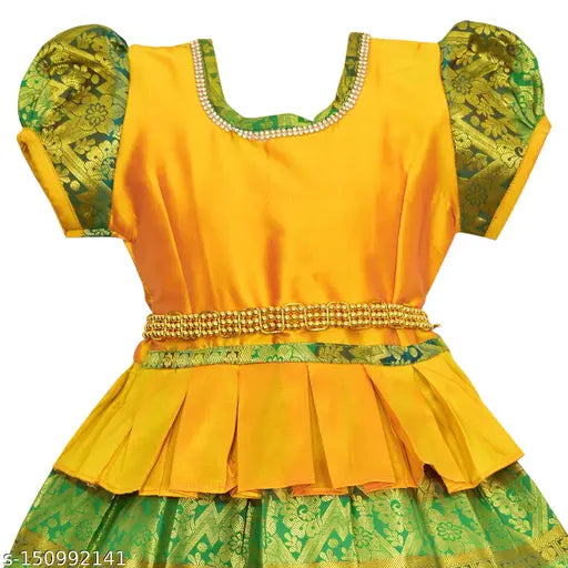 White and gold Homely Girls Traditional PATTU LANGA PAVADAI lehenga choli for girls, cotton silk with zari stitch and short sleeves