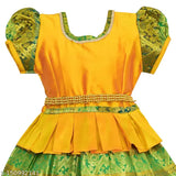 White and gold Homely Girls Traditional PATTU LANGA PAVADAI lehenga choli for girls, cotton silk with zari stitch and short sleeves