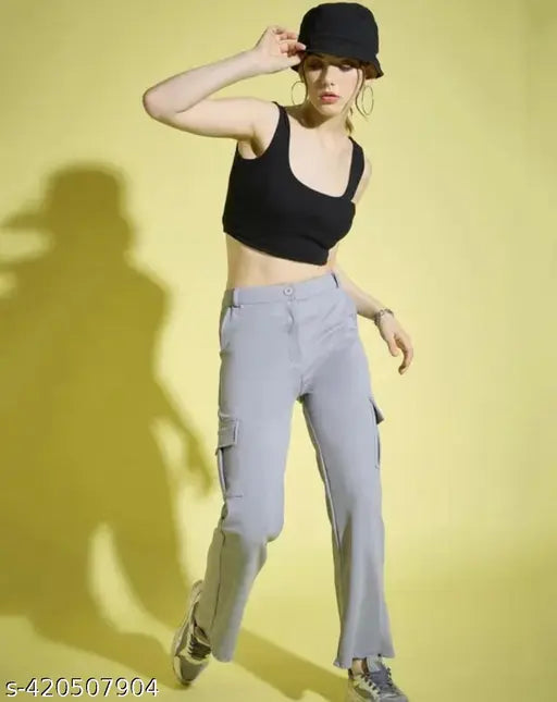 Grey cotton blend cargo trousers for girls, perfect gift for a beautiful lady - elegant and stylish