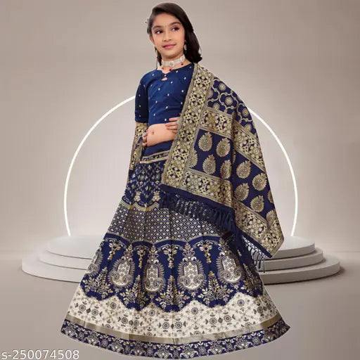 Kids Nafiza White jute cotton lehenga set with floral stitch, three-quarter sleeves. Indian ethnic wear for girls ages 7-12 years. Semi-stitched net design