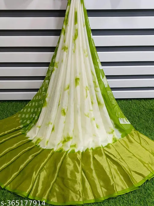 Brasso Moss Chiffon White Shiburi Print Saree - Soft, smooth, premium quality chiffon saree with contrast border and blouse, popular in South Indian states. Free Size (Saree Length Size: 5.5 m, Blouse Length Size: 0.8 m). Origin: India