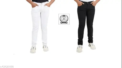Black and white denim men's pack of 2, solid pattern denims for fashionable casual wear. Sizes include 28, 30, and 32. Indian-made