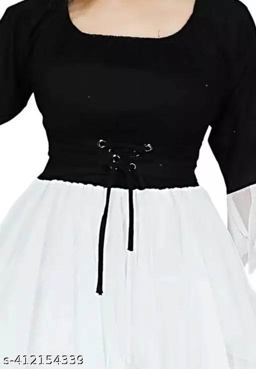 Rayon fit and flare dress for girls, below knee length with three-quarter sleeves, printed pattern from SMS DRESSES India