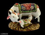 Marble Poly Resin Cow and Calf Statue, Kamdhenu Gaay Maata & Calves, Indian handicraft decorative figurine for home showpiece, 10cm x 12cm x 10cm