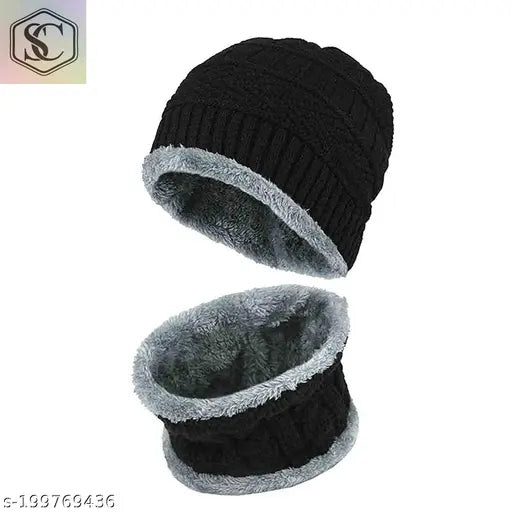 Black-and-red knit beanie cap set with face cover (wool, acrylic, fur), ideal for outdoor activities like skiing and hiking