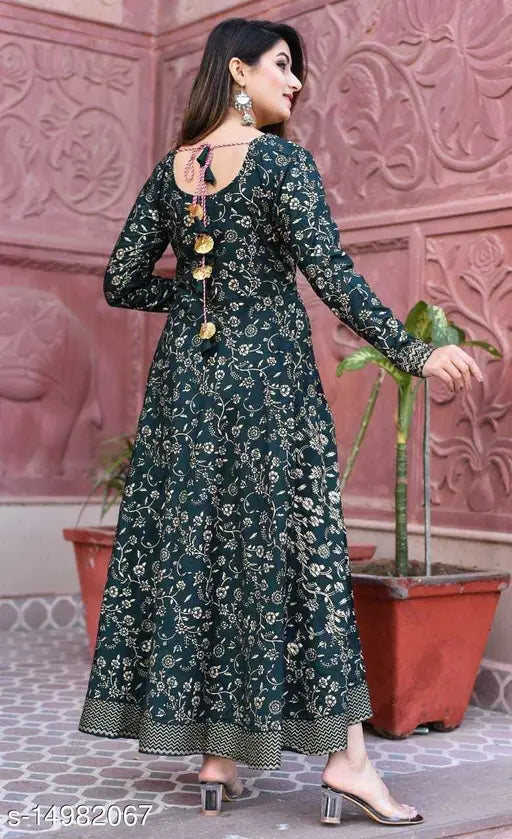 Rayon, long-sleeved, printed floral ankle length Anarkali style gown kurta with attached dori tassels. Indian women's fashion