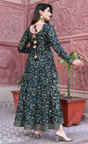 Rayon, long-sleeved, printed floral ankle length Anarkali style gown kurta with attached dori tassels. Indian women's fashion