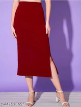 High-waisted black polycotton pencil midi skirt with side slit, versatile design for women's casual fashion, elastic waist for comfort