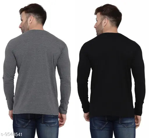 Grey melange cotton blend self-design v-neck T-shirts pack 2, men's long sleeves, India origin