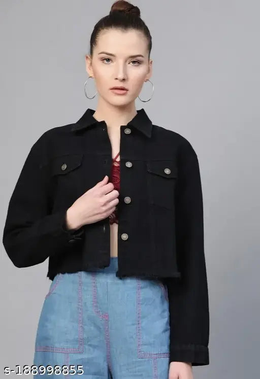 Classic solid denim women's jacket, long sleeves, size S-XL, made in India