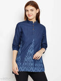 Navy blue laser printed denim tunic, three-quarter sleeves, stylish women's wear from Avyanna on display