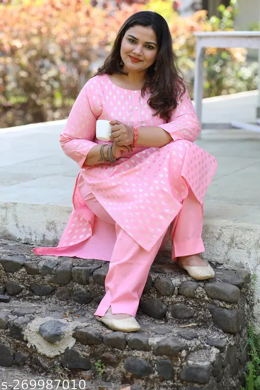 Mohini pink cotton flex kurti and palazzo set, embroidered net with three-quarter sleeves and side slits, best for casual or office wear, Indian origin