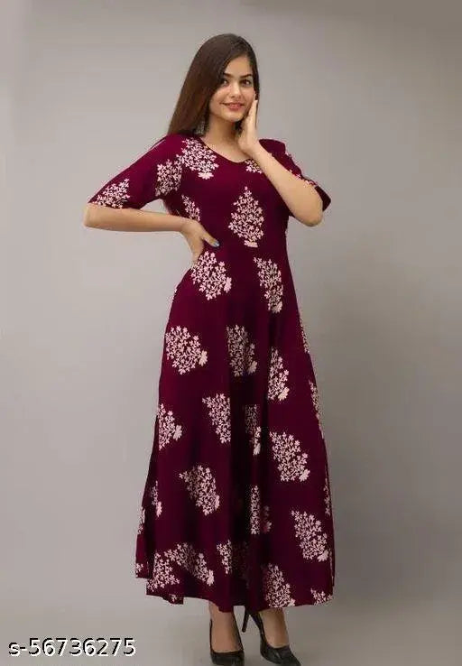 Maroon printed rayon gown with three-quarter sleeves, casual look kurti for women, suitable for office, temple, or festivals