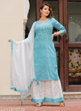 Rayon blue kurta sharara set with dupatta, printed three-quarter sleeve rayon outfit for women, Indian fashion