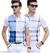 Cotton blend striped polo neck half sleeve t-shirts (2 pack), neutral colors, comfortable short sleeves, high-quality, breathable, versatile, layering options, casual wear or dressier occasions, relaxed fit, mix & match, affordable, Indian origin