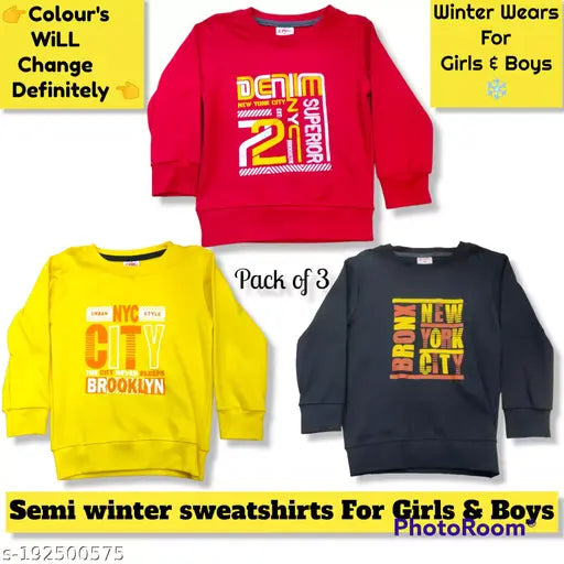 Kids girls winter fleece sweatshirt, cotton blend long sleeves with printed net pattern, pack of 3 for kids winter wear. Sizes: 2-3 Years (Bust 12in, Length 15in, Waist 10in), 3-4 Years (Bust 13in, Length 16in, Waist 11in), 4-5 Years (Bust 14in, Length 17in, Waist 12in), 5-6 Years (Bust 15in, Length 18in, Waist 13in), 6-7 Years (Bust 16in, Length 19in, Waist 14in). Made in India