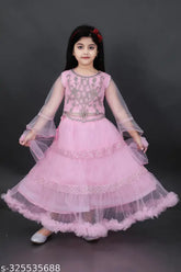 New acrylic sea pink lehenga-choli for girls with long sleeves, embroidered design and net dupatta. Indian kid's partywear dress