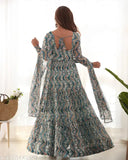 Light blue and light yellow Georgette Anarkali set with straight fit kurta, full churidar sleeves, padded waist, side zipper, and flared gown. Includes matching dupatta with zigzag print and lace work. Fully lined and fully stitched in India." (123 characters)
