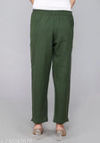 Green cotton solid trouser pants by Rakshita Fashions, comfortable with pleats, pockets, and elasticated back - versatile for casual wear or office use
