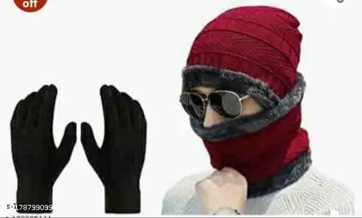 Woolen balaclava cap set with gloves - Trendy fur-lined worm hat and hand protection for winter, one size fits all