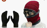 Woolen balaclava cap set with gloves - Trendy fur-lined worm hat and hand protection for winter, one size fits all