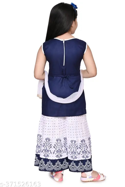 Navy Blue and White Printed Chanderi Cotton Kurta & Sharara Set with Dupatta for Girls (1-2yrs - 7-8yrs), Indian traditional ethnic wear for girls on display