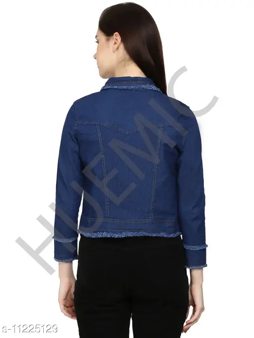 Distressed denim jacket, long sleeves, dyed/washed, vintage-inspired clothing on hanger