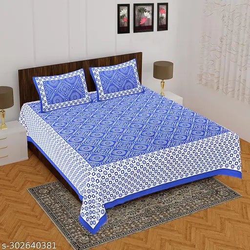Trendy ethnic motifs cotton flat sheets for double bed, soft and durable 144 thread count, includes 2 pillow covers, ideal for mild winter, made in India