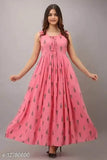 Demirner pink rayon sleeveless printed anarkali, vibrant Indian fashion on mannequin (S: 55", M: 55", L: 55", XXL: 55")