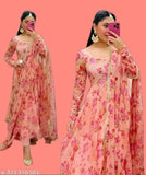 Peach georgette duppata set for women with long sleeves and printed net pattern, India origin