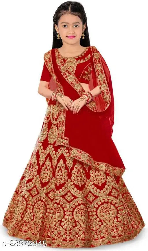 Embroidered satin Lehenga Choli for girls (4-15 years), net dupatta with short sleeves, Indian semi-stitched fashion on display