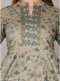 Women's printed Rayon flared Kurta with three-quarter sleeves, vibrant Indian pattern for women's fashion. S (Bust 36in, Length 50in), M (Bust 38in, Length 50in), L (Bust 40in, Length 50in), XL (Bust 42in, Length 50in), XXL, 4XL, 5XL. Indian-made printed rayon Kurta on hanger