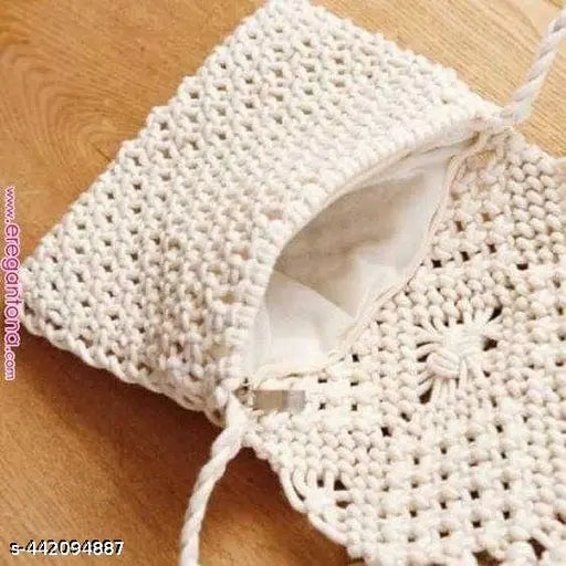 Boho crocheted summer purse, macrame fabric crossbody bag, handmade Indian craftsmanship, boho chic, single compartment, fashionable wooden handle