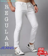 Men's cotton blend white plain jeans - comfort and style for affordable prices. Solid white cotton jeans for men available in sizes 26, 28, 30, and 32 (waist 28in, length 38in, hip 30in, 30in, length 38in, hip 32in, 32in, length 40in, hip 34in). Made in India