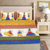 Rajasthani kathputli print cotton double bed sheets & pillow covers, vibrant Indian design for a queen-sized bedroom