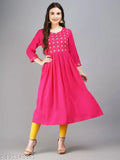 Rayon embroidered women's long anarkali kurta for festivals and parties, three-quarter sleeves