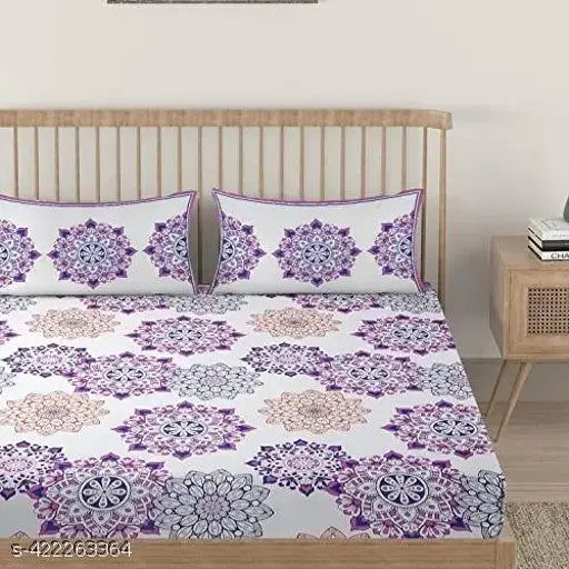 Mosaic printed white base pink blue cotton flat sheets, ethnically patterned for summer adult use, 2 pillow covers included, 200 thread count, size: Double Queen, origin: India