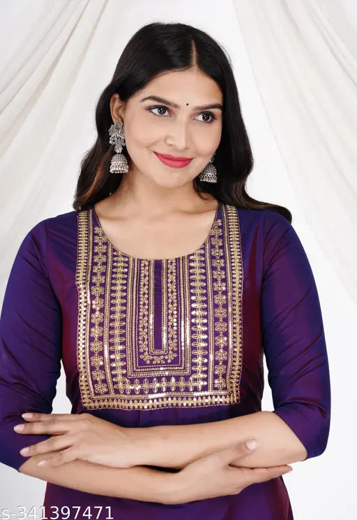 Art Silk Embroidered A-Line Kurta for Women, India-origin sequin embroidery on traditional Indian attire