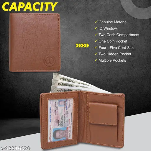 Solid faux leather men's wallet with 10cm x 9cm dimensions, featuring 8 card slots, 2 hidden slots, ID window, and 2 note compartments. Made in India