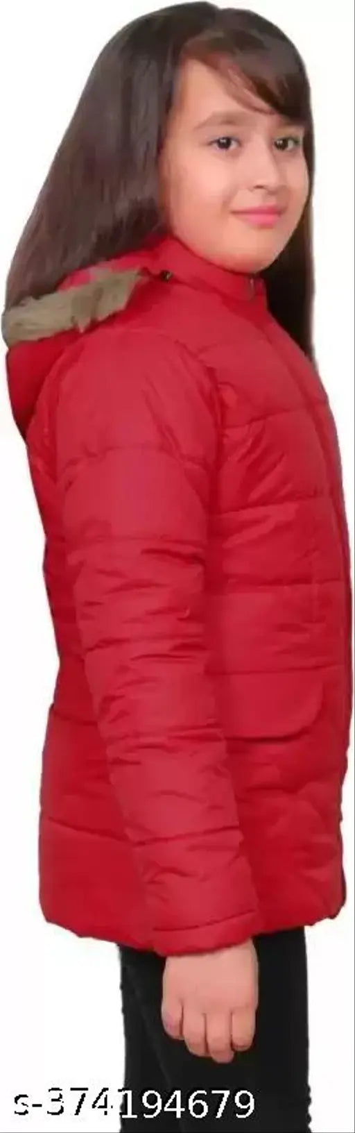 Polyester kids' winter jacket, solid pattern. Warm girl's jacket for chilly season. Size 9-10 Years to 12-13 Years, made in India." (84 characters)