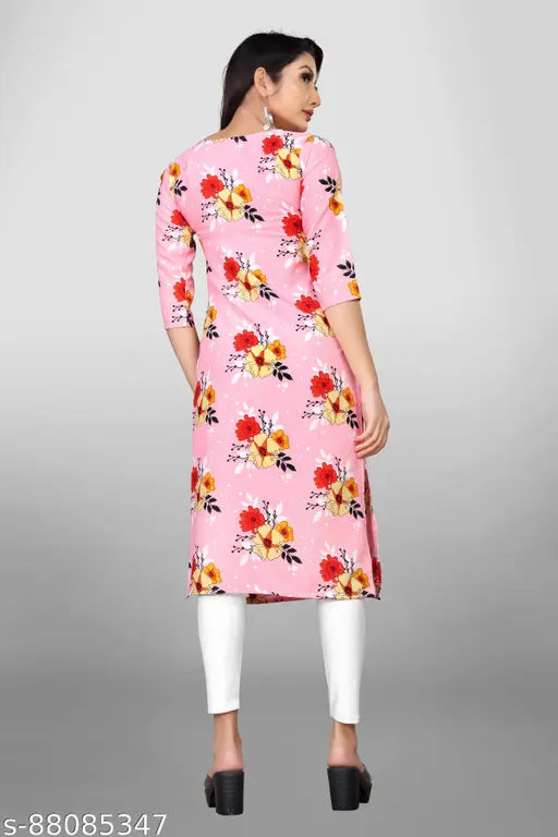 Poly crepe women's 3-piece printed straight kurti, three-quarter sleeves, multi-color combo. Lightweight, comfortable everyday wear. Perfect for events with matching accessories