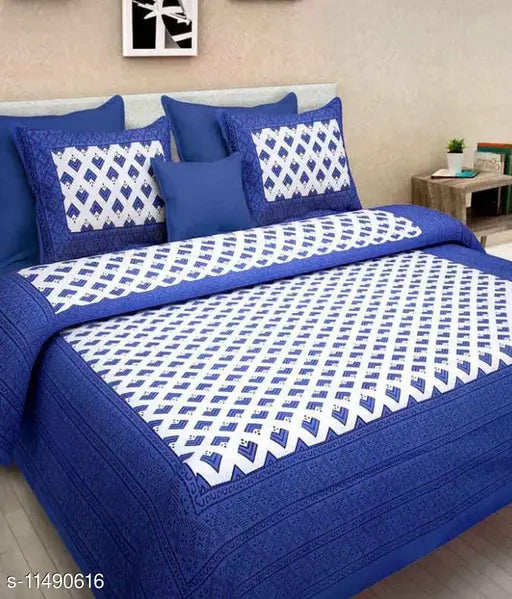 Cotton Jaipuri double bed sheets set, 4 pillow covers with 144 thread count, queen size from India
