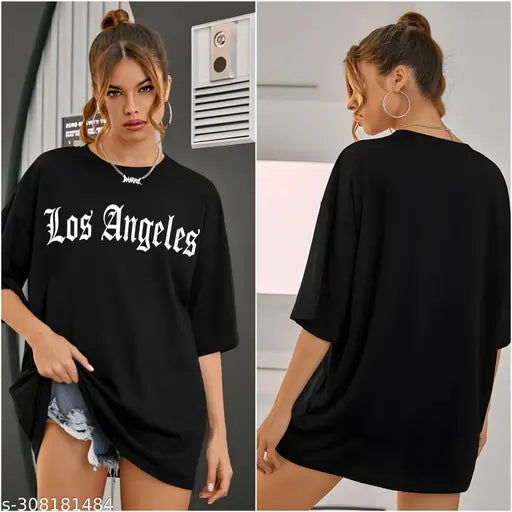 Latest black oversized Los Angeles cotton blend womens T-shirt, short sleeves, printed pattern, sizes: S - XXL