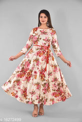 Multicolor rayon printed Anarkali kurta with three-quarter sleeves, vibrant Indian women's fashion for S, M, L, XL, XXL sizes