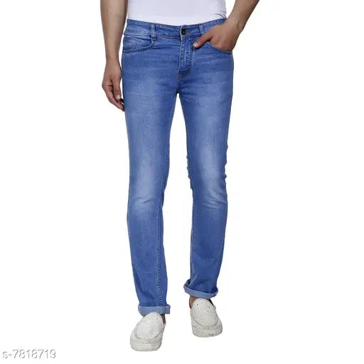 Trendy blue dyed/washed denim men's jeans, contemporary fit, made in India